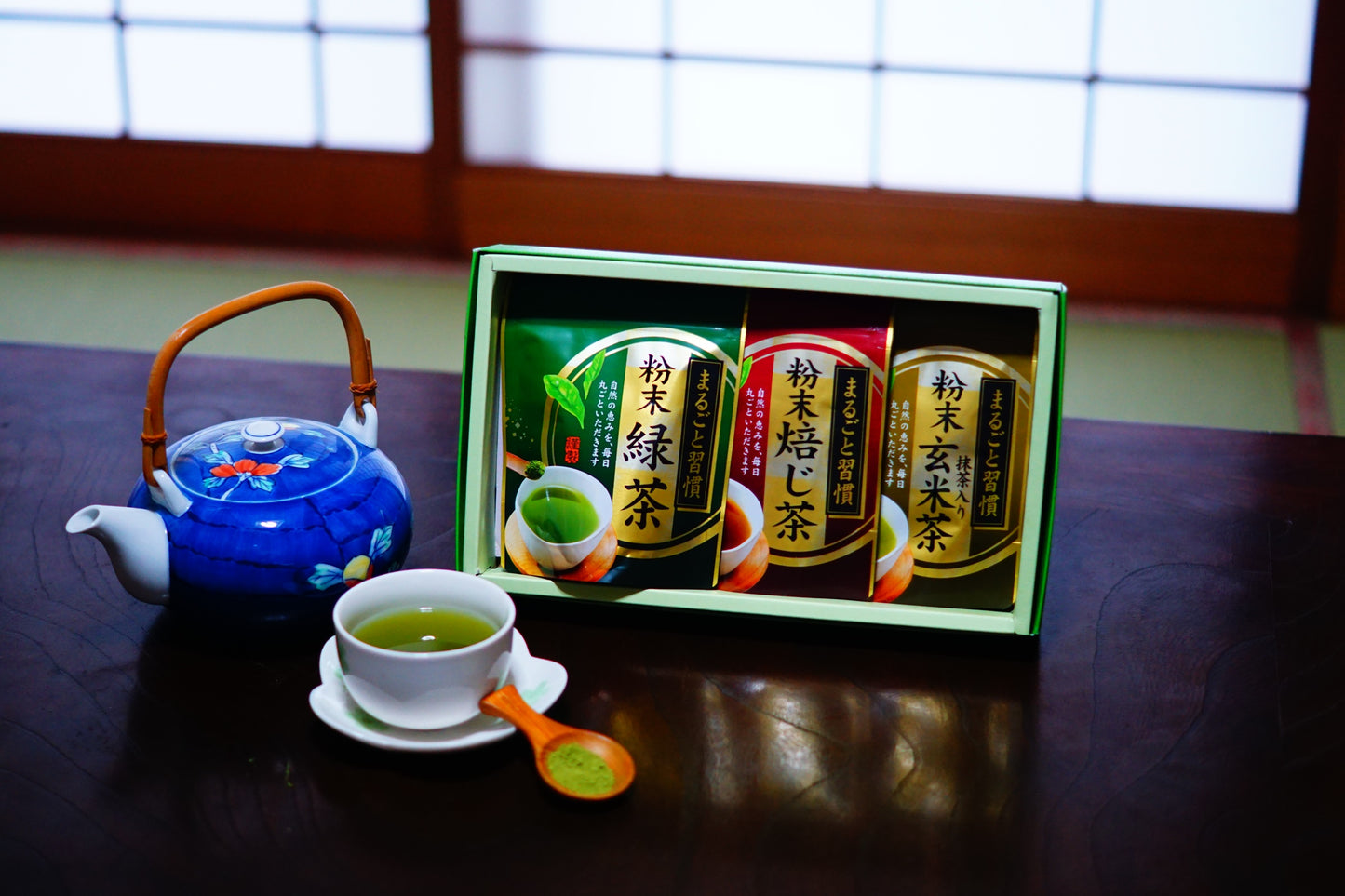 【贈答用包装】八女粉末茶緑茶、ほうじ茶、玄米茶3種セット